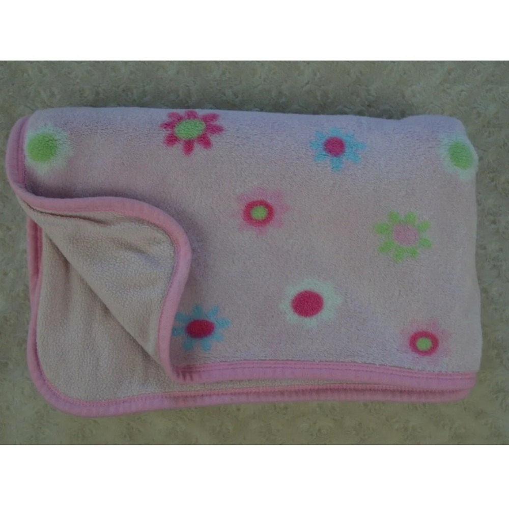 Gerber Pink Floral Baby Blanket White Flowers Green Blue Fleece Security Lovey